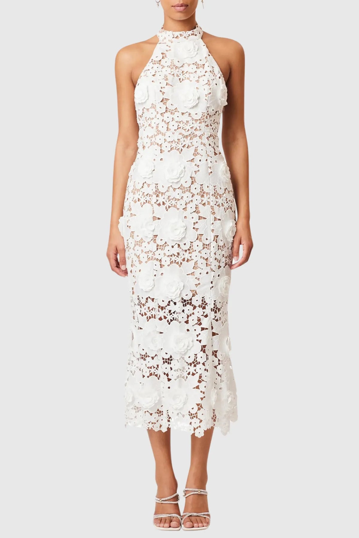Shyheim Floral Appliqué Lace Halter Midi Dress Flowering Girl