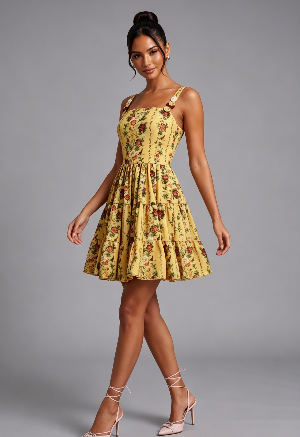 Yellow Floral A-Line Fit-and-Flare Mini Dress Flowering Girl