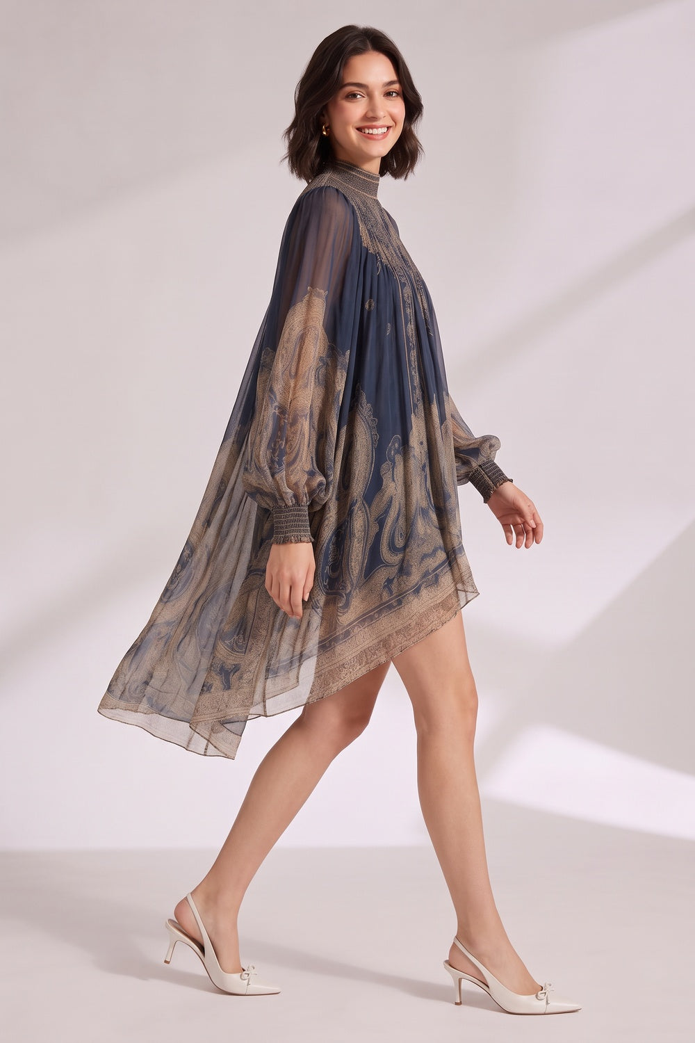 Navy Blue Sheer Chiffon Loose A-Line High-Low Drape Mini Dress Flowering Girl