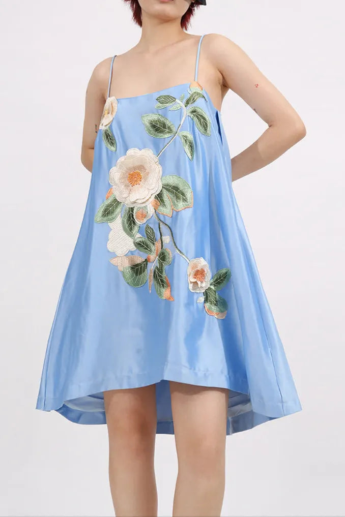 Edwina Applique Floral Embroidered Mini Dress In Blue Flowering Girl