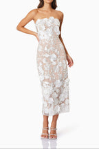 Helena Strapless Midi Dress In White Flowering Girl