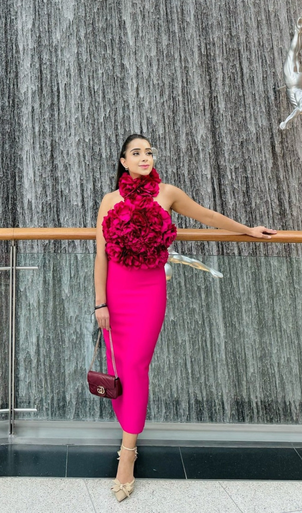 Halter Floral Midi Dress Hot Pink Flowering Girl