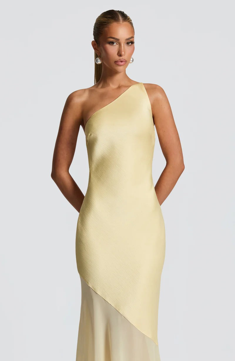 Lace-Up Beveled Back Satin Maxi Dress In Lemon Yellow Flowering Girl