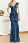 Addisyn Sequin Mermaid Evening Gown With Cap Sleeves Flowering Girl