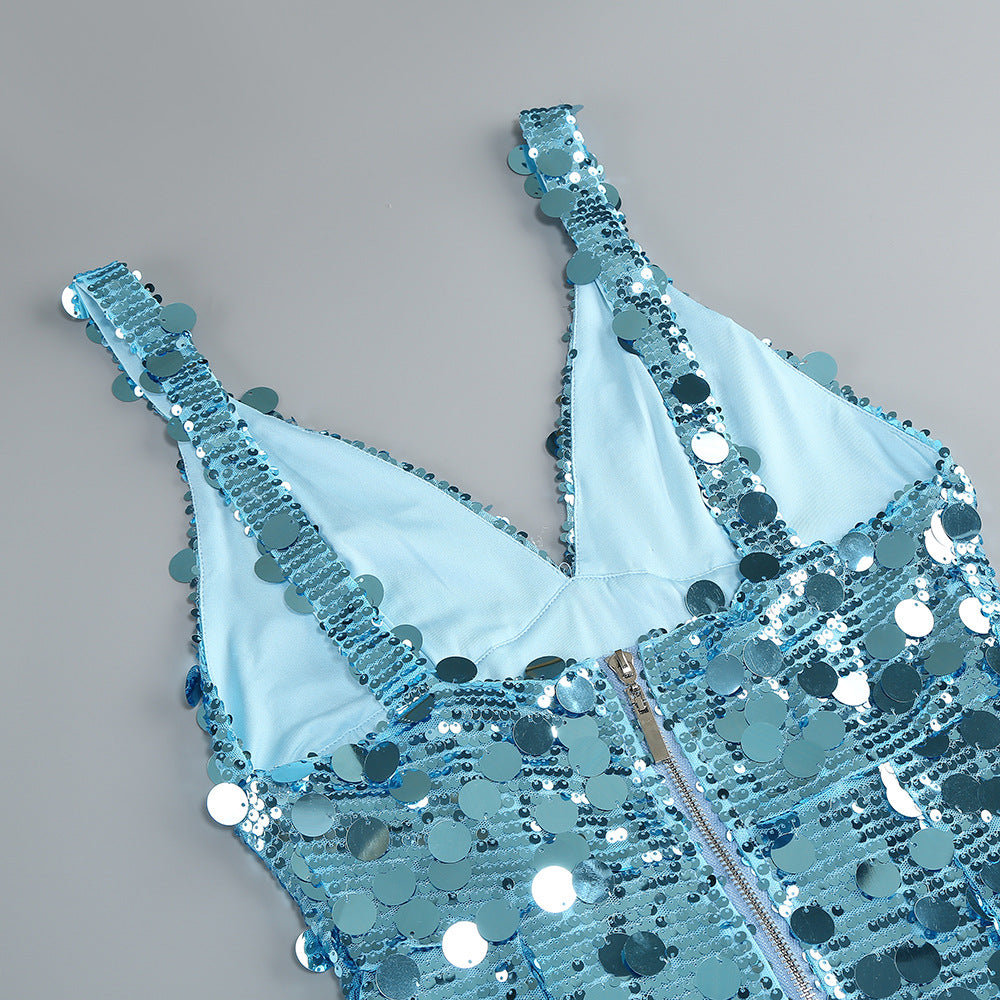 Carlin Sequin Deep V Strapless Maxi Dress In Blue Flowering Girl
