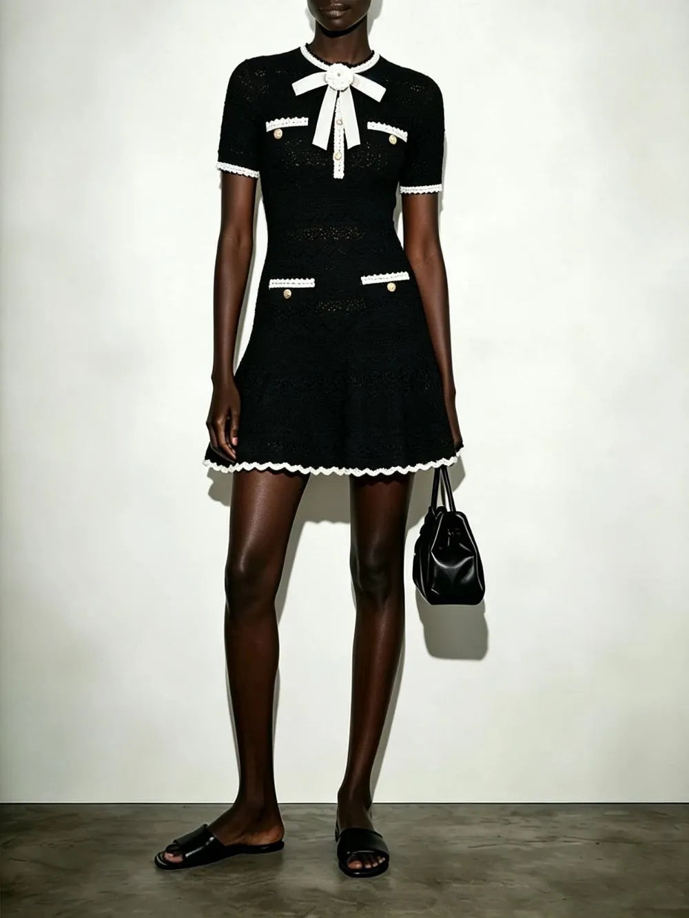 Madelene Black Flower Bow Knit Mini Dress Flowering Girl