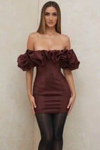 Burgundy Satin Ruffle Strapless Mini Dress Flowering Girl
