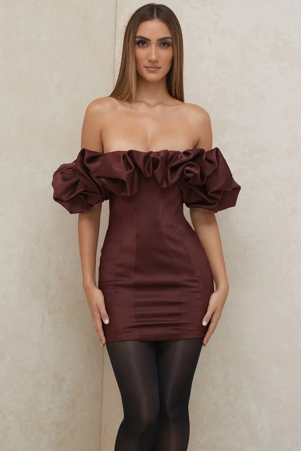 Burgundy Satin Ruffle Strapless Mini Dress Flowering Girl