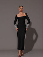 Square Neck Diamond Tight Bandage Maxi Dress In Black Flowering Girl