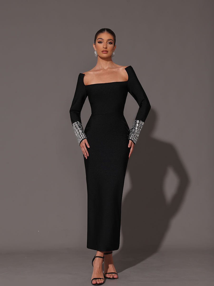 Square Neck Diamond Tight Bandage Maxi Dress In Black Flowering Girl