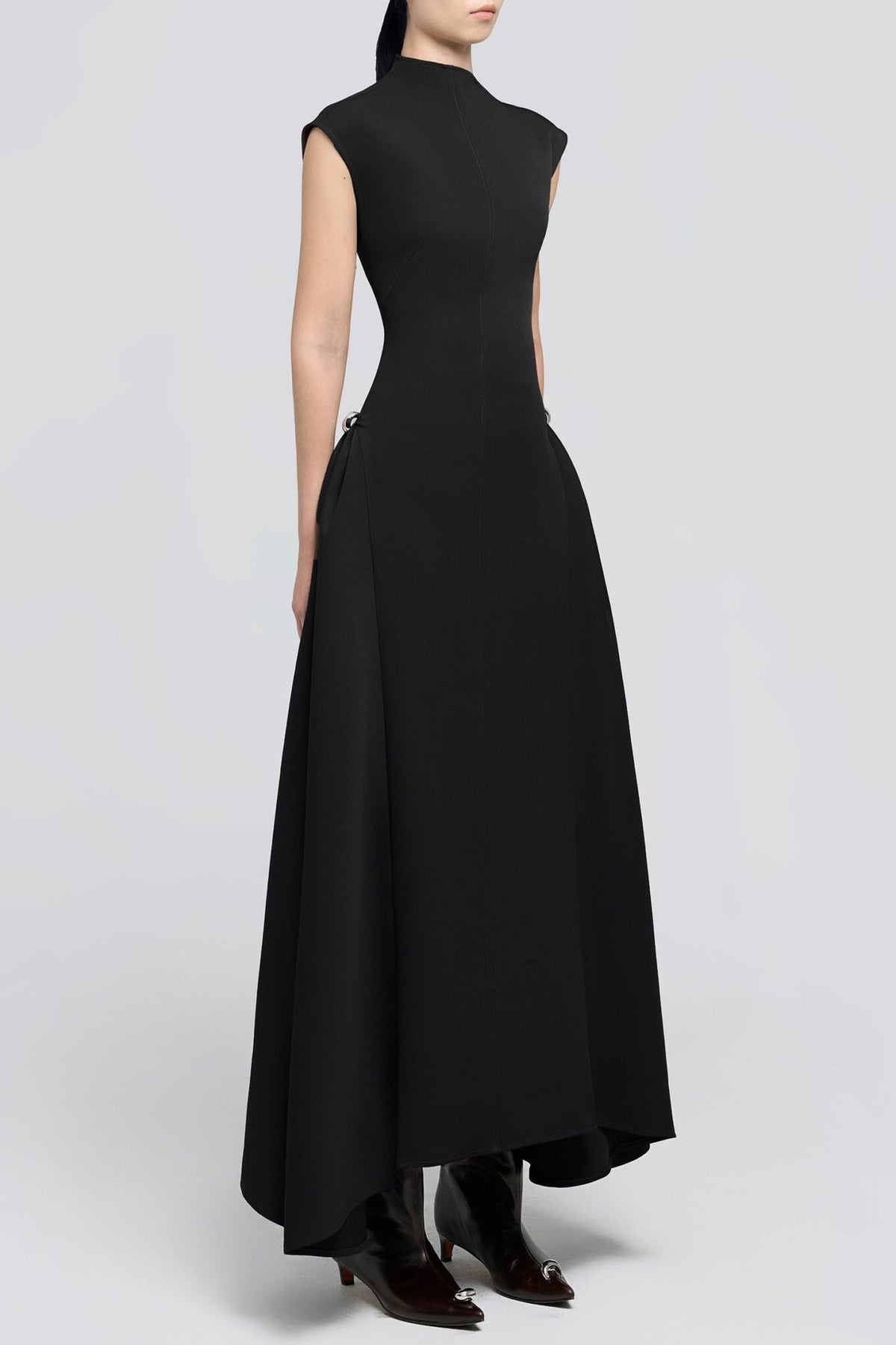 Eorkone Symmetric Drapes Flared Midi Dress - Black Flowering Girl