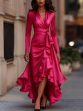 Midnight Blue Draped Satin Maxi Dress With Ruffle Details Flowering Girl