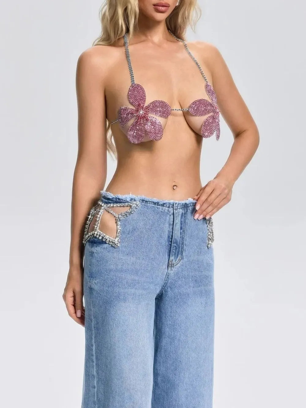 Fleta Halterneck Floral Rhinestone Top Flowering Girl