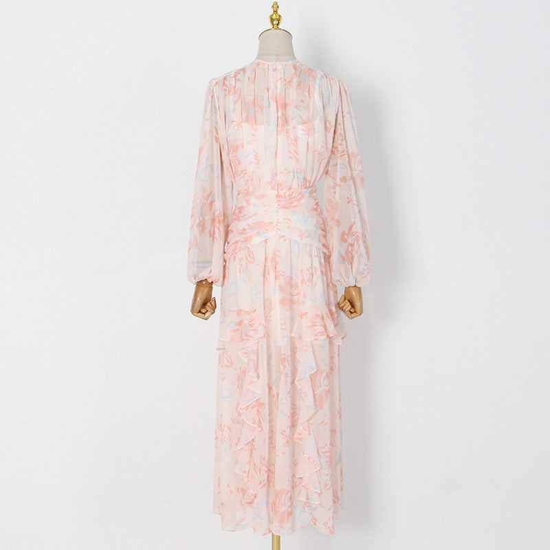 puff long sleeve tiered ruffle hem maxi dress in pink Flowering Girl