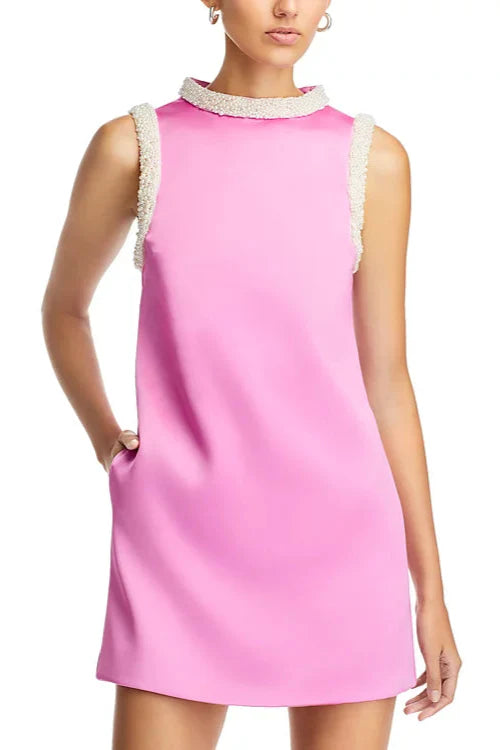 Faux Pearl Trim Satin Shift Mini Dress Flowering Girl