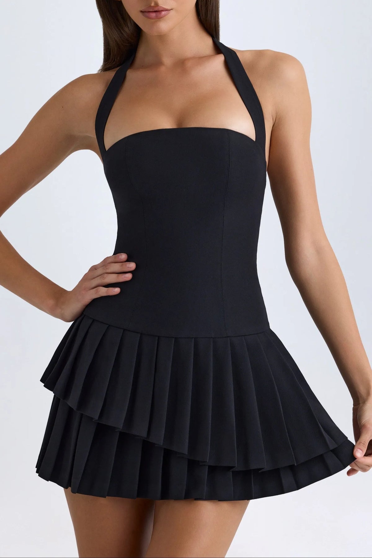 Asymmetric Layered Halterneck Mini Dress In Black Flowering Girl