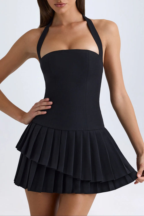 Asymmetric Layered Halterneck Mini Dress In Black Flowering Girl