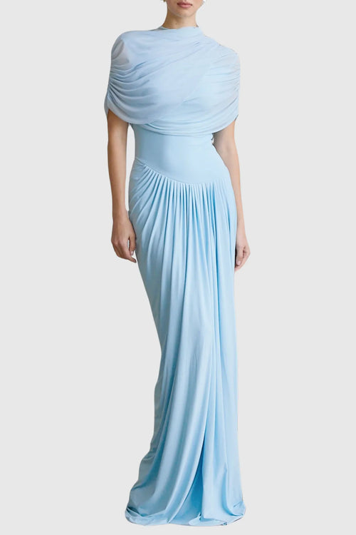 Aakifa Asymmetric Draped Maxi Dress in Baby blue Flowering Girl
