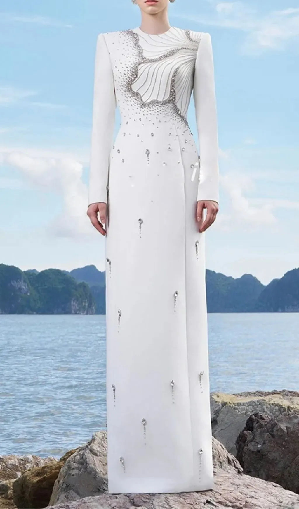 Josephe White Long Sleeve Diamante Maxi Dress Flowering Girl