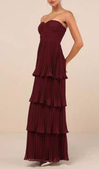 Ensio Wine Strapless Pleated Maxi Dress Flowering Girl
