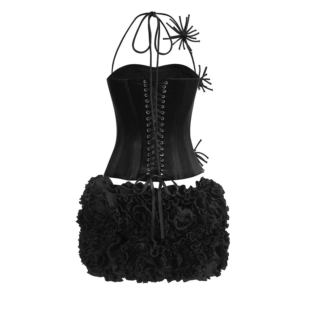 Velvet Corset Floral Mini Skirt Suit In Black Flowering Girl