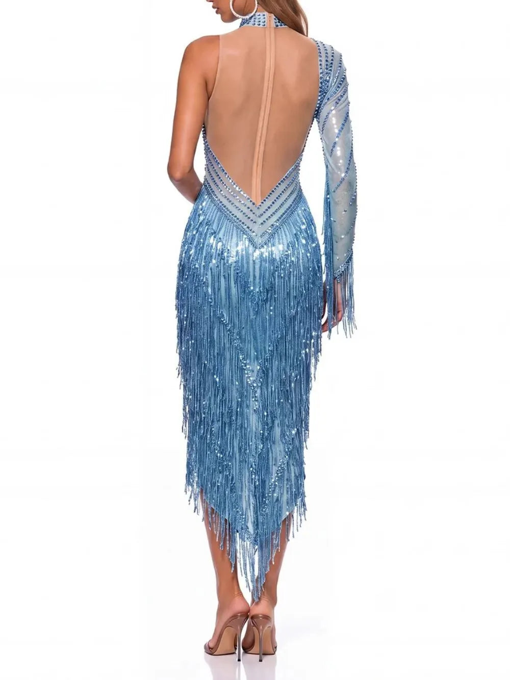 Solvian One Shoulder Rhinestone Fringe Bodysuit Flowering Girl