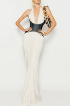 Daryle Halter Denim Corset Ruched Maxi Dress Flowering Girl
