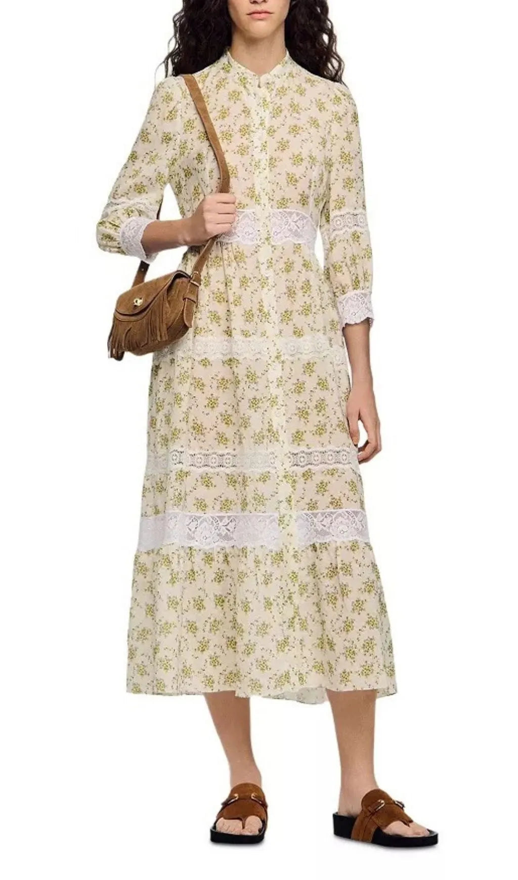 Floral Lace Trim Midi Dress Flowering Girl