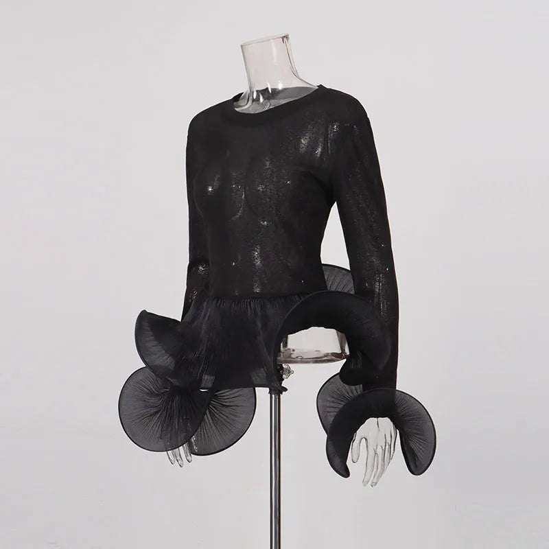 Lequoia Black Flared Long Sleeve Crop Top Flowering Girl