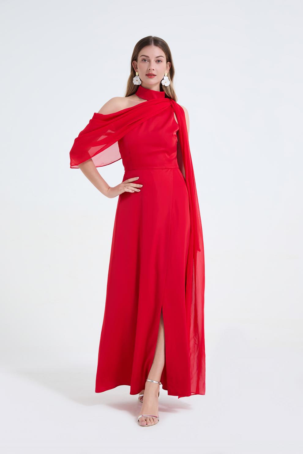 Tammy Tailored One-Shoulder Detachable Collar Maxi Dress In Red Flowering Girl