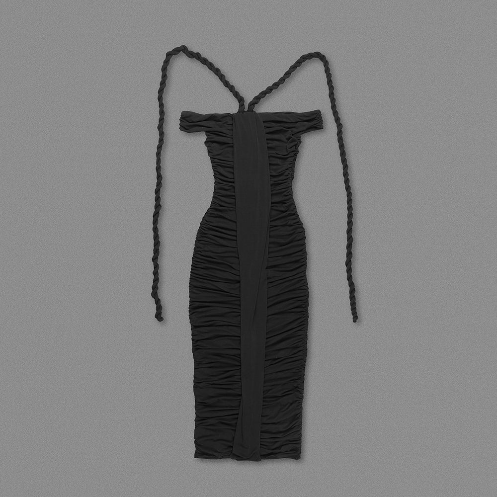 cara black off-shoulder ruched bodycon maxi dress with rope embellished Flowering Girl