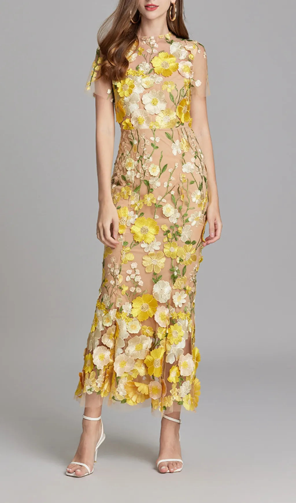 Carol Yellow Floral Embroidery Mesh Fishtail Midi Dress Flowering Girl