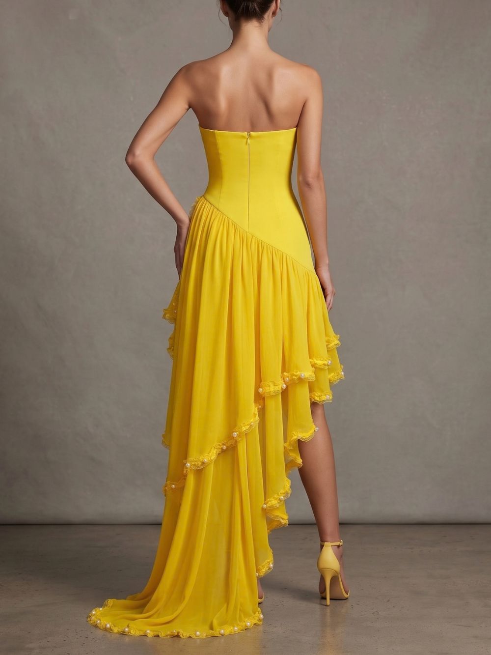 Strapless Embellished Ruffle Maxi Dress Yellow Flowering Girl