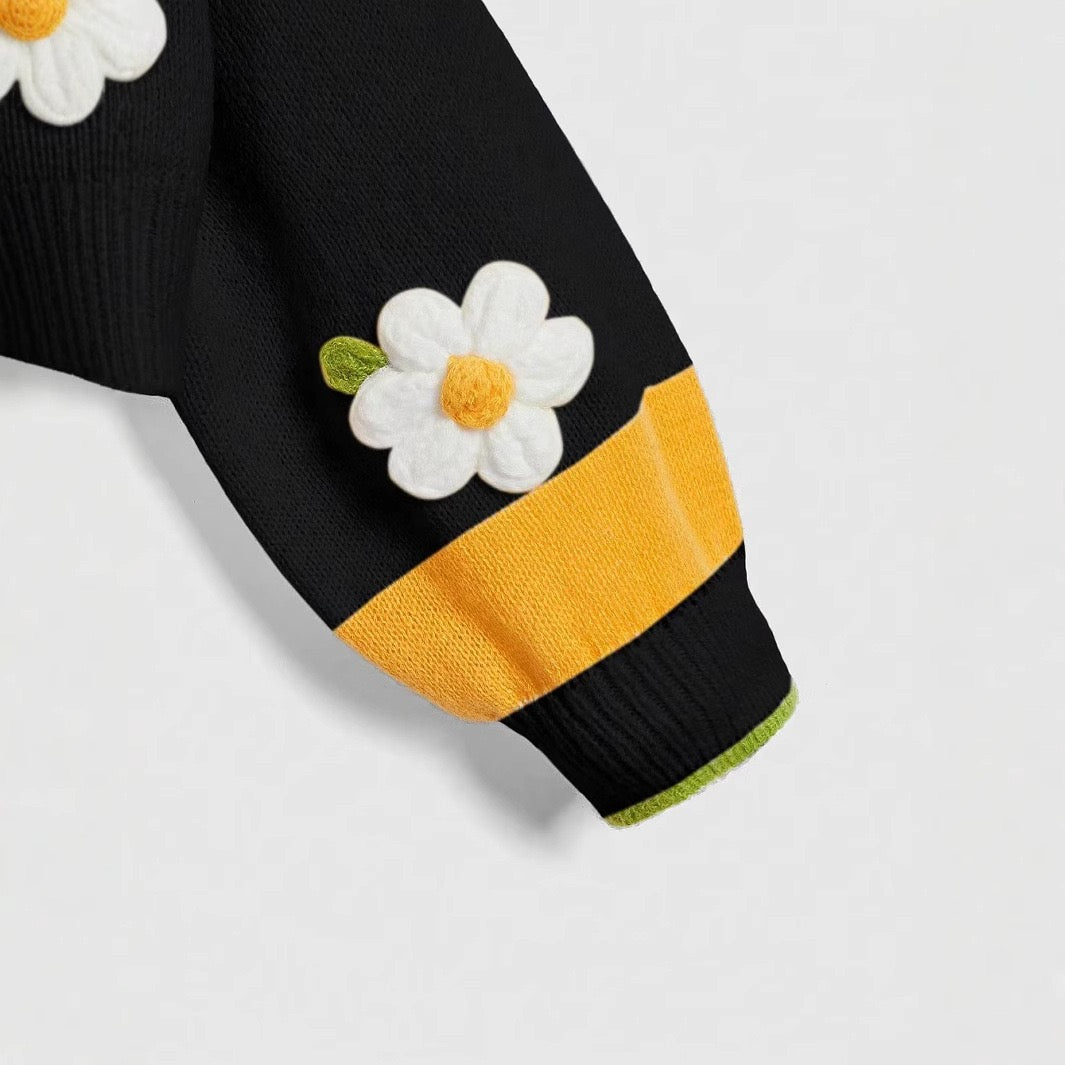 3D Daisy Bee V Neck Long Sleeve Cropped Knit Cardigan Flowering Girl