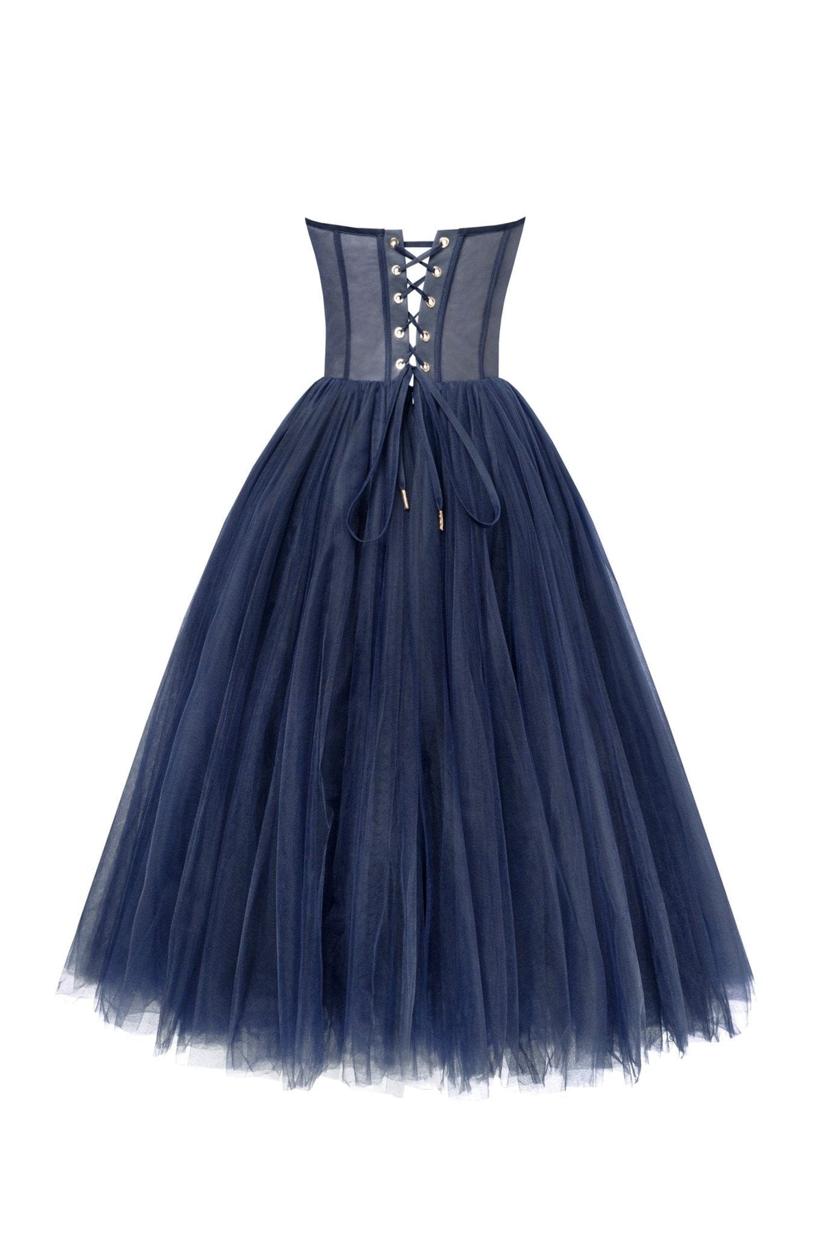 Navy Strapless Puffy Midi Tulle Dress Flowering Girl