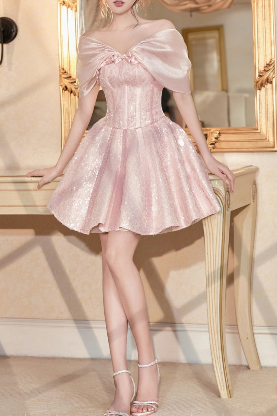 Strapless Sequin Mini Dress In Pink Flowering Girl