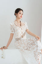 Leona Cropped Peak Lapel Lace Top Skirt Set In White Flowering Girl