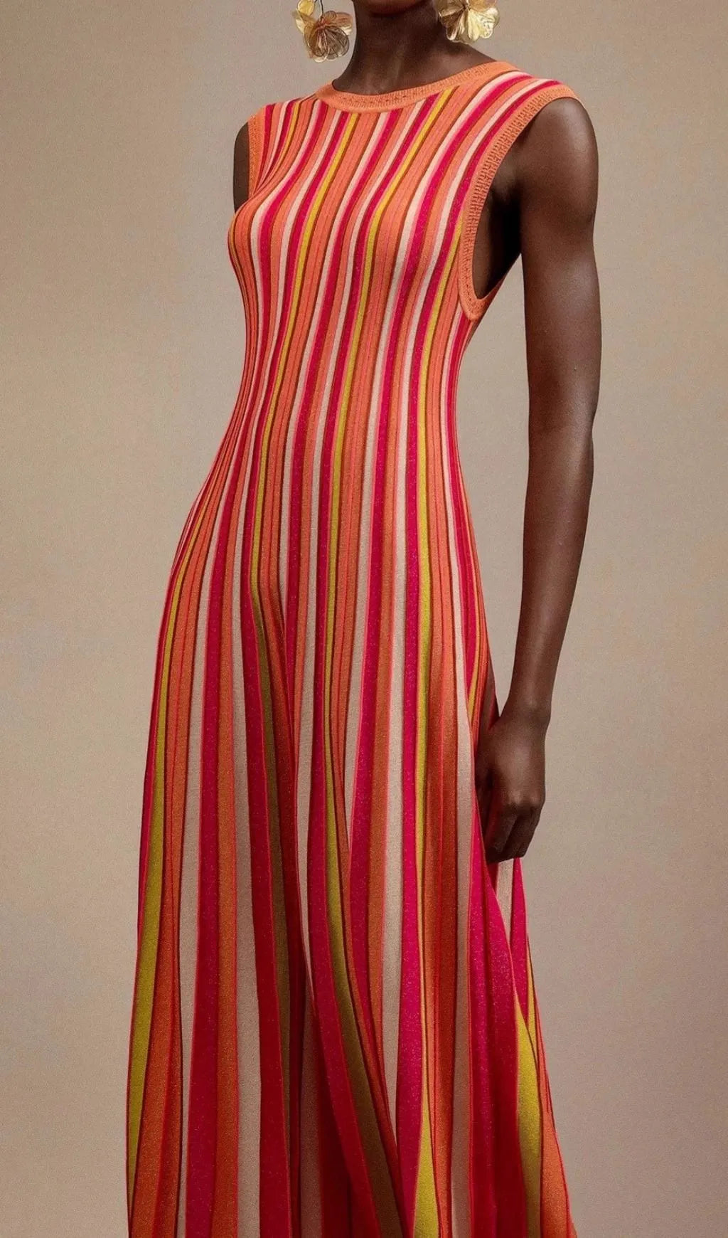 Malyxa Sleeveless Stripe Knit Midi Dress In Orange Flowering Girl