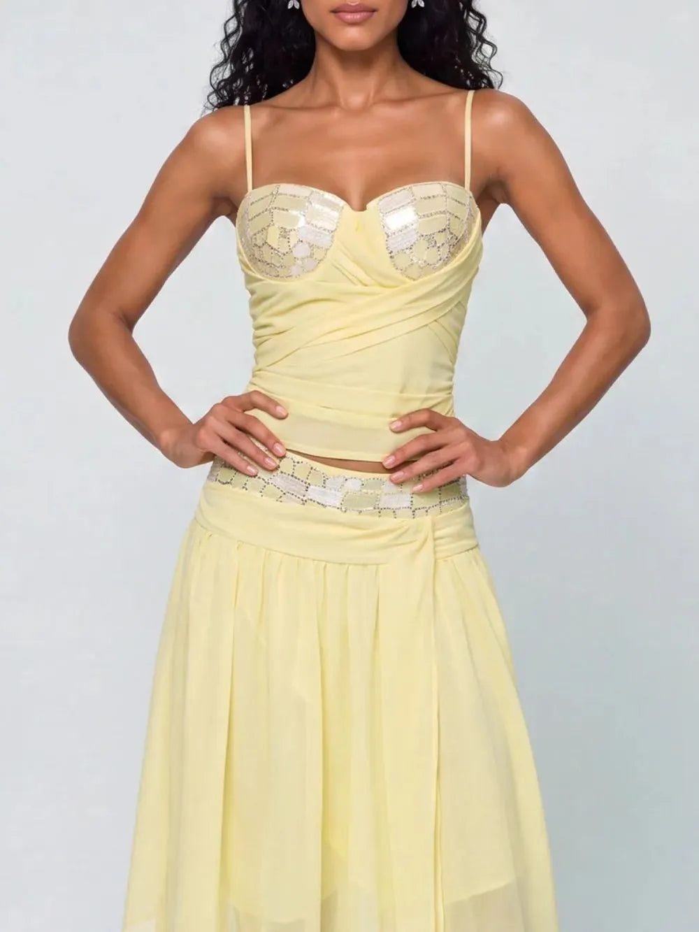 Dalmere Spaghetti Rhinestone Skirt Set Flowering Girl