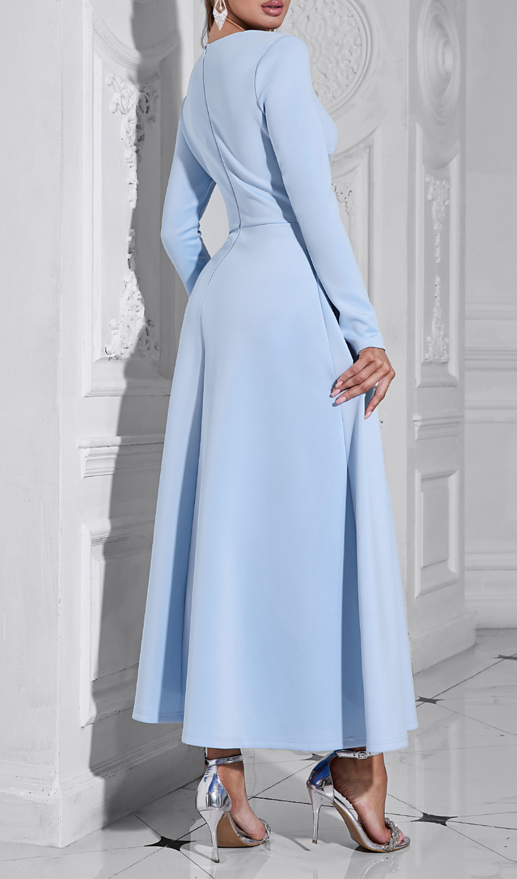 Long Sleeve Satin a-Line Maxi Dress In Blue Flowering Girl