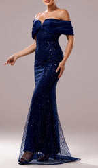 Dorit Navy Off-Shoulder Sequin Maxi Dress Flowering Girl
