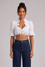 White Cotton Woven Cropped Puff-Sleeve Dirndl Crop Blouse Flowering Girl