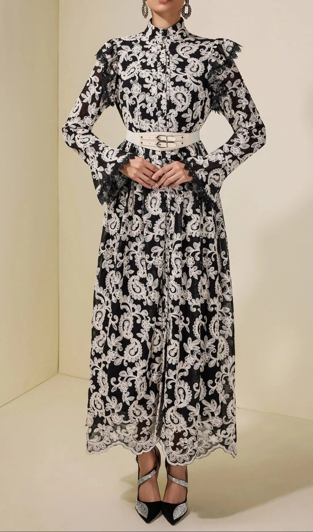 Alma Chiffon Embroidered Single Breasted Midi Dress With Belt - Black Flowering Girl