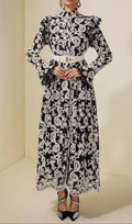 Alma Chiffon Embroidered Single Breasted Midi Dress With Belt - Black Flowering Girl