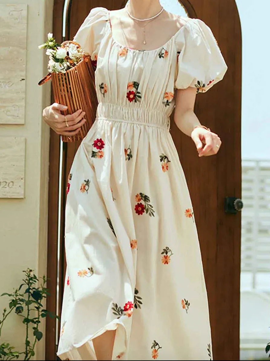 Rosalind Retro Embroidered Puff Sleeve Dress Flowering Girl