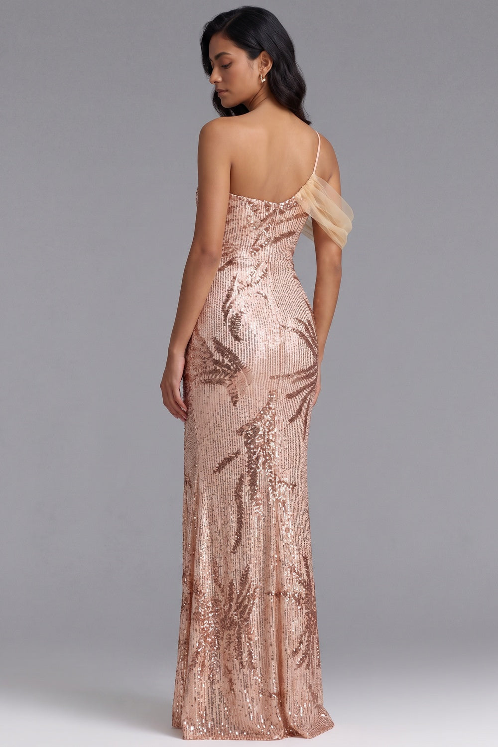 Rose Gold Sequin Maxi Gown with Tulle Shoulder Detail Flowering Girl