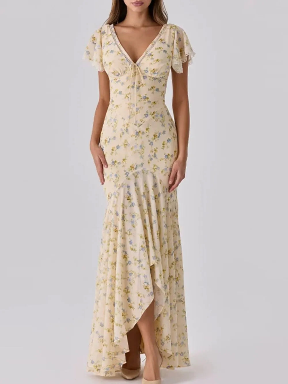 Ashgar Butter Yellow Puff Sleeve Floral Maxi Dress Flowering Girl