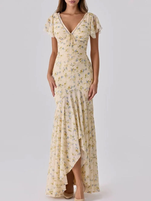Ashgar Butter Yellow Puff Sleeve Floral Maxi Dress Flowering Girl