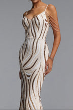 Champagne Linear Sequin Spaghetti Strap Mermaid Maxi Evening Gown Flowering Girl