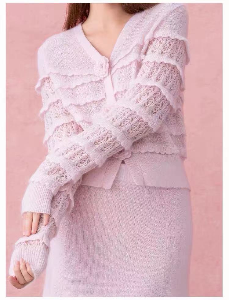 Light Pink Lightweight Fitted, Cropped Cardigan Flowering Girl